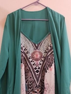 Teal & Tribal Print Tank Dress With Long Jacket Cover Up
